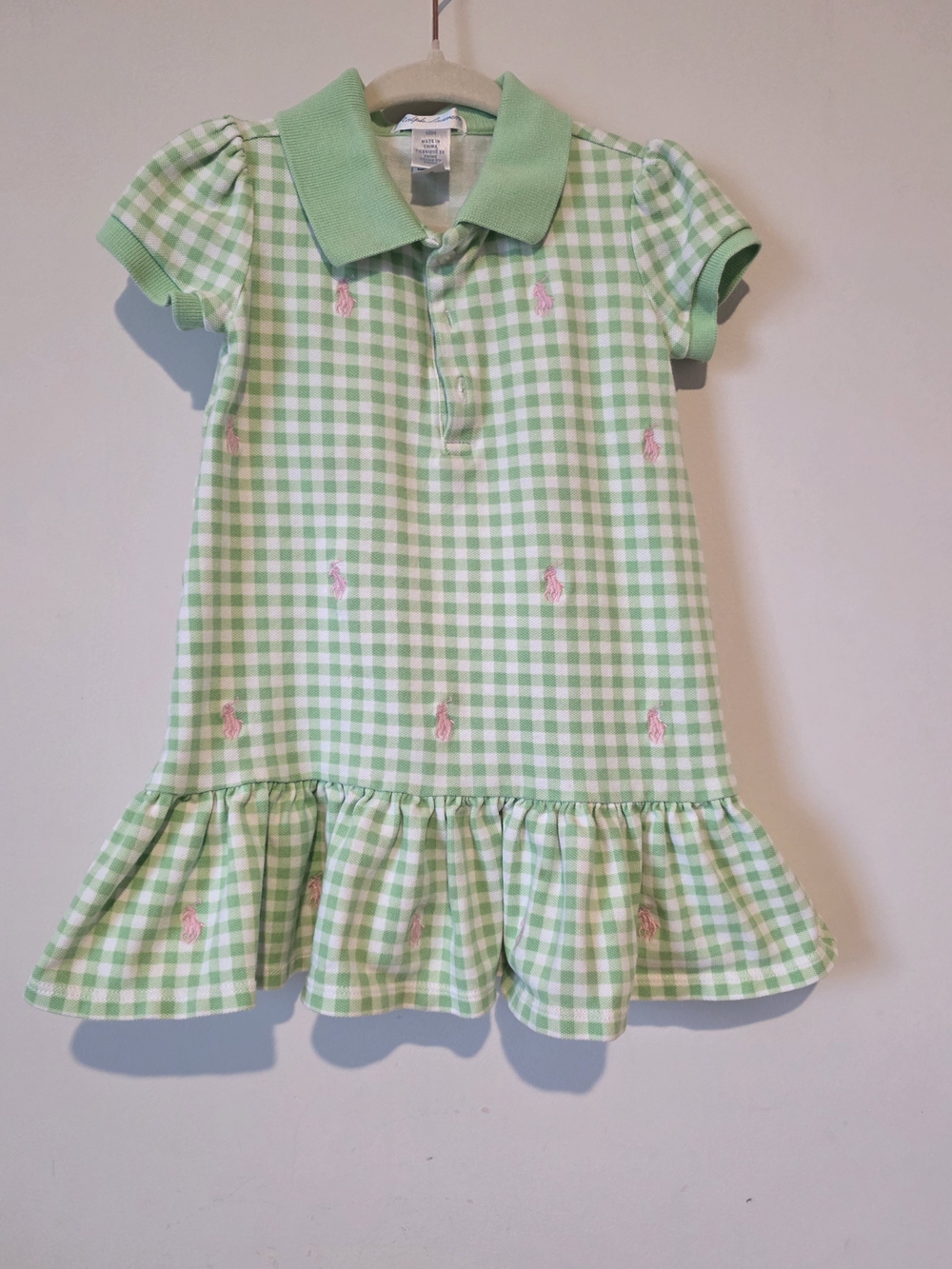 Ralph Lauren Girls' Green Gingham Polo Dress with Pink Pony Embroidery 18months